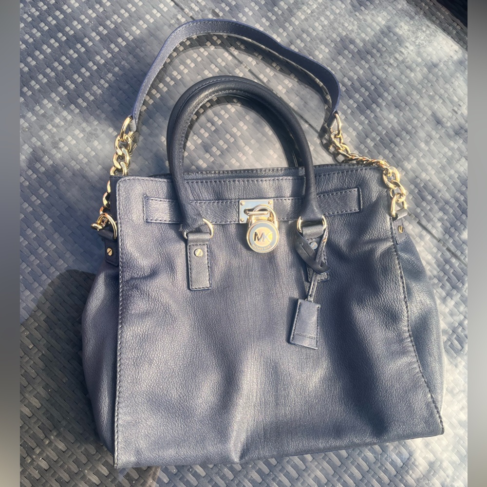 Michael Kors Navy Leather Shoulder Bag with Gold Chain